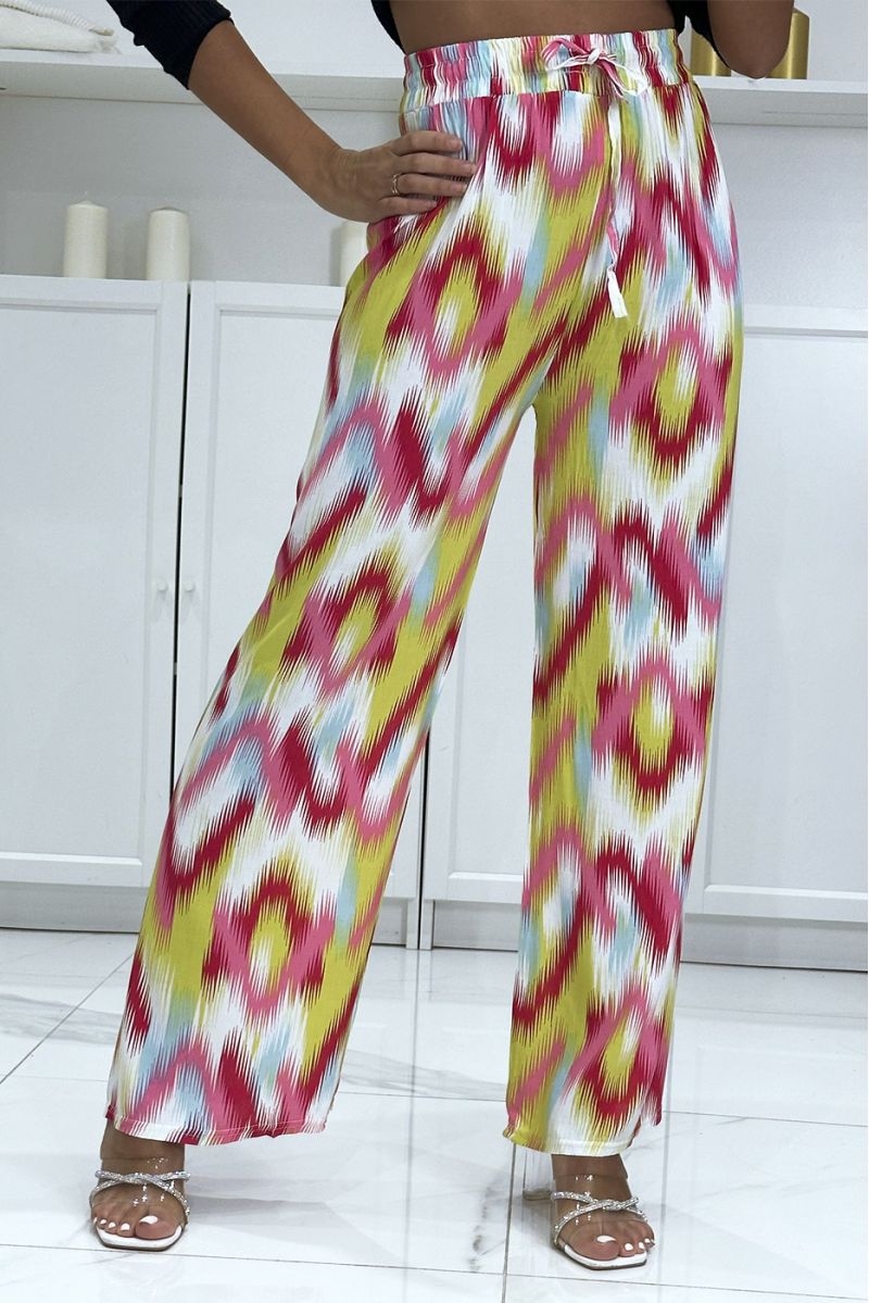 Burgundy and fuchsia palazzo pants with pretty colorful pattern - 3