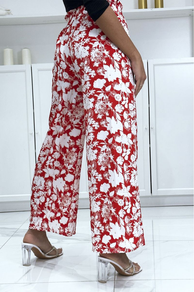 Pantalon palazzo rouge et blanc motif fleuris tendance et chic - 1
