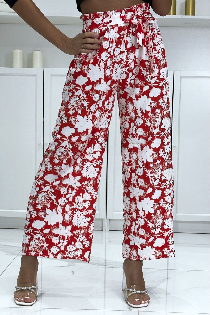 Pantalon palazzo rouge et blanc motif fleuris tendance et chic - 2