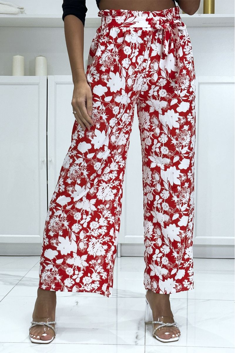 Pantalon palazzo rouge et blanc motif fleuris tendance et chic - 3