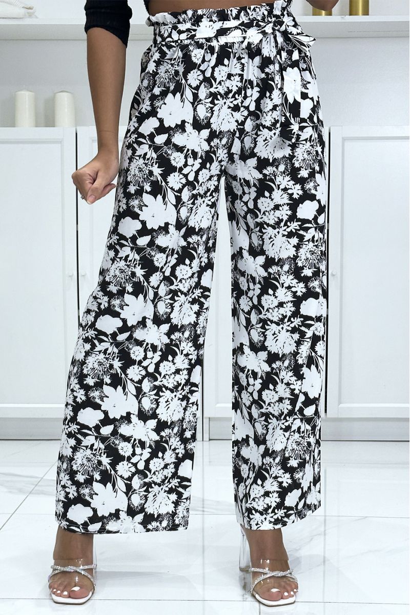 Pantalon palazzo noir et blanc motif fleuris tendance et chic - 2