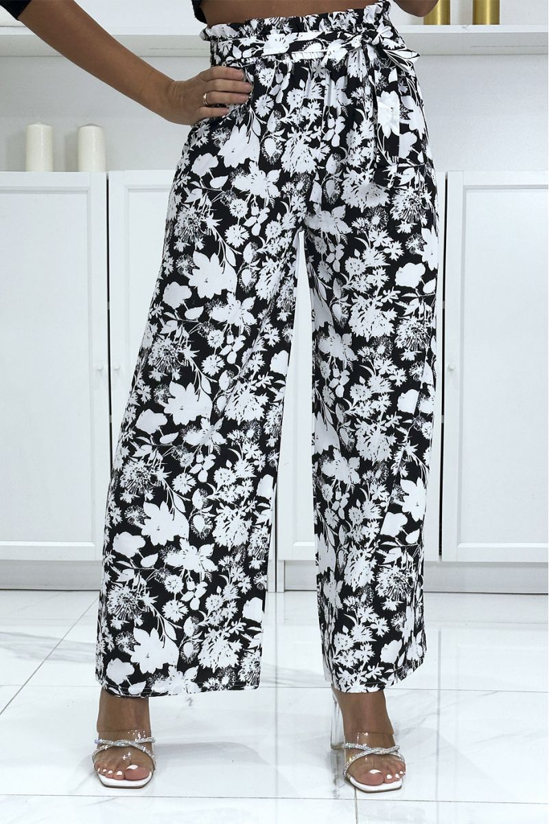 Pantalon palazzo noir et blanc motif fleuris tendance et chic - 3