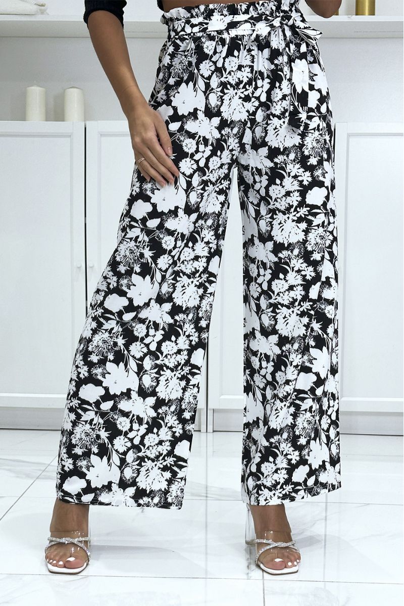 Pantalon palazzo noir et blanc motif fleuris tendance et chic - 4