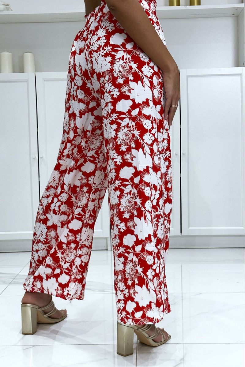 Pantalon palazzo rouge et blanc motif fleuris tendance et chic - 4