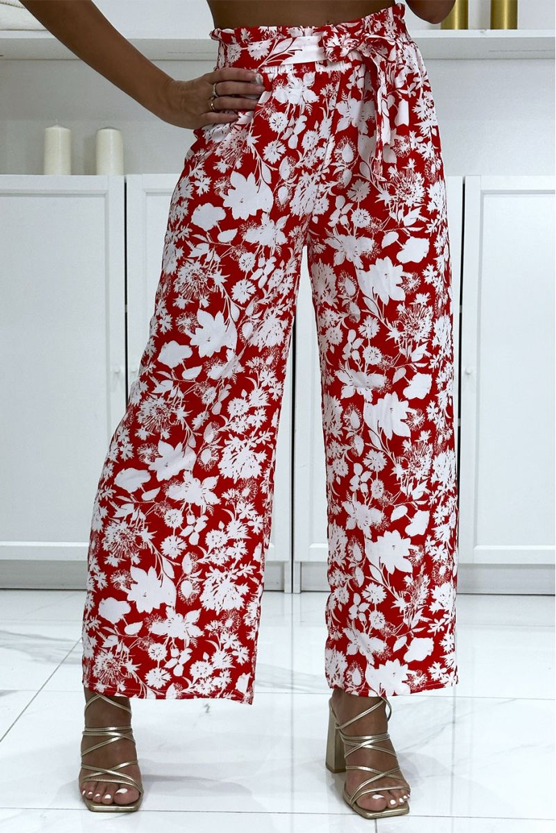 Pantalon palazzo rouge et blanc motif fleuris tendance et chic - 5