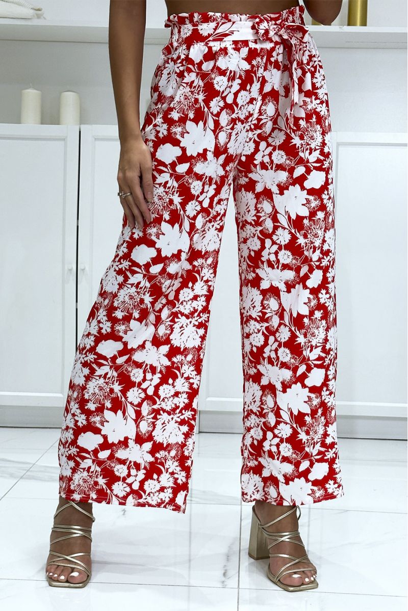 Pantalon palazzo rouge et blanc motif fleuris tendance et chic - 6