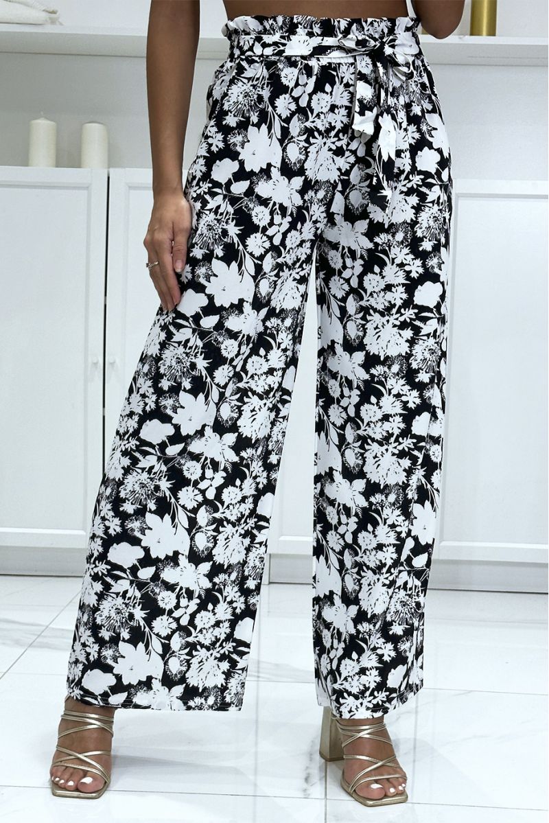 Trendy en chique palazzo broek in zwart-wit bloemenpatroon - 6