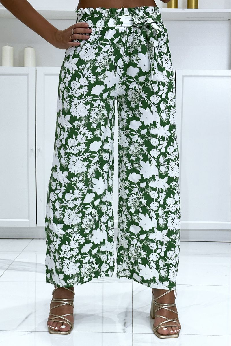 Trendy en chique groene en witte palazzo broek met bloemenpatroon - 6