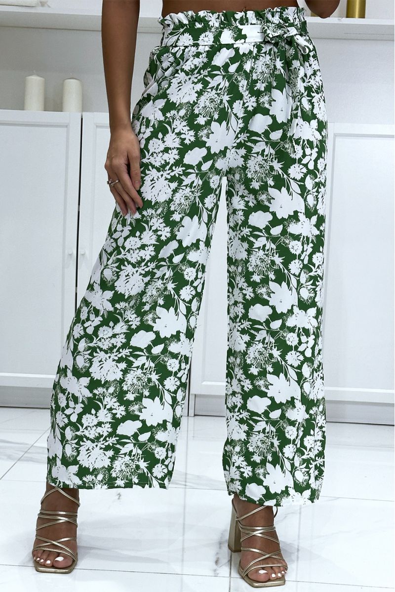 Pantalon palazzo vert et blanc motif fleuris tendance et chic - 7