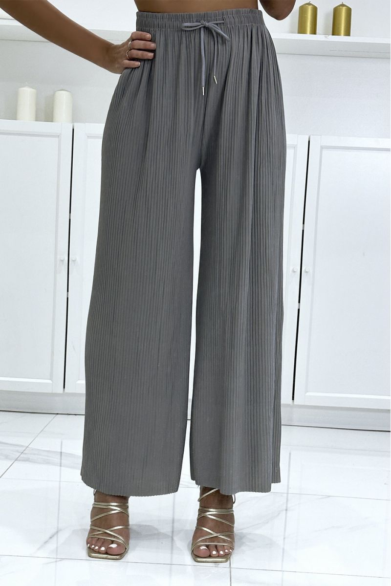 Trendy pleated gray palazzo pants - 3