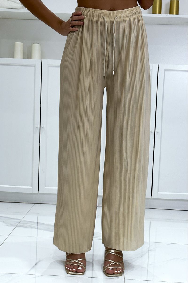 Trendy pleated beige palazzo pants - 2