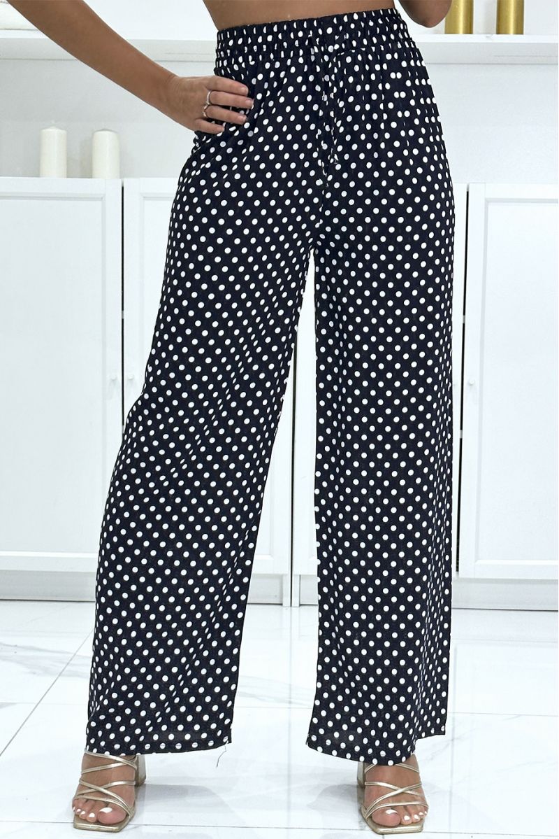 Navy cotton palazzo pants with polka dots - 2