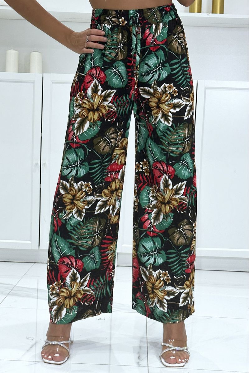 Pantalon palazzo noir en coton motif feuilles  - 2