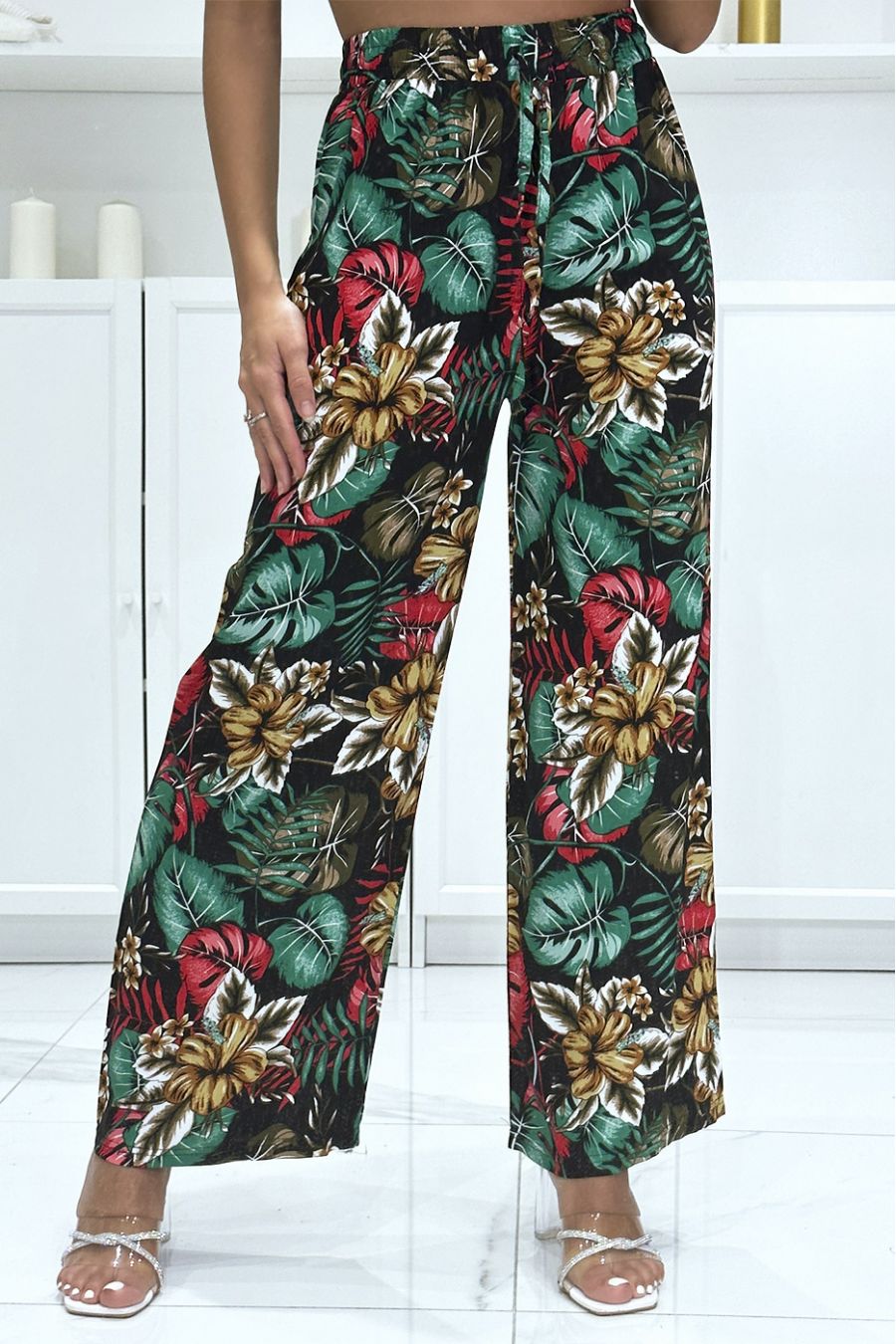 Pantalon palazzo noir en coton motif feuilles  - 3