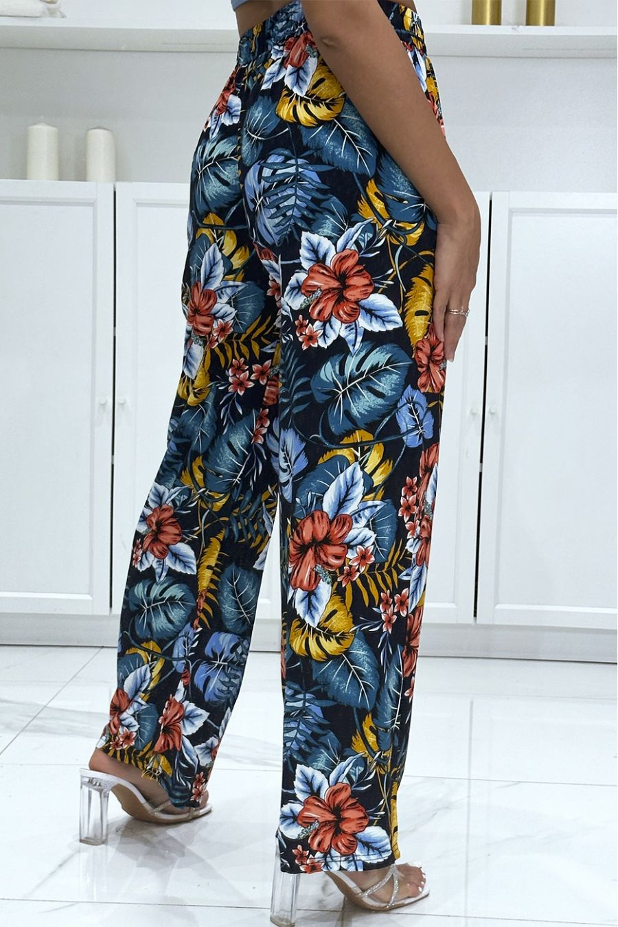 Pantalon palazzo marine en coton motif feuilles  - 1