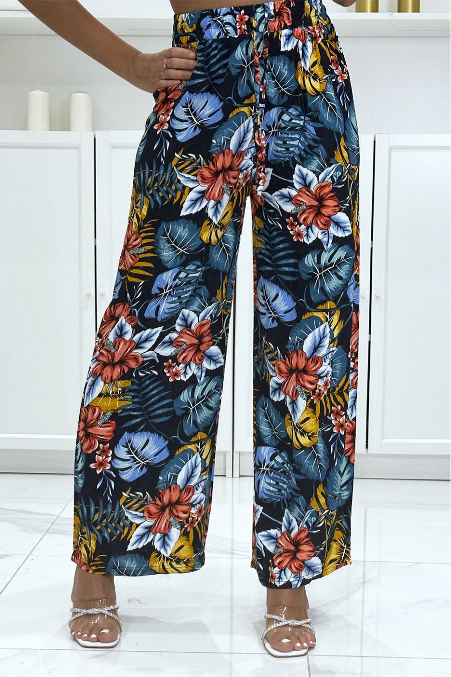 Navy cotton palazzo pants with leaf pattern - 2