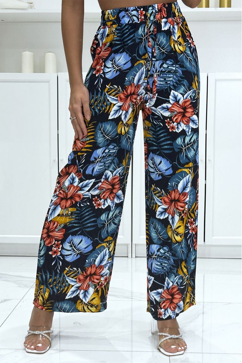 Pantalon palazzo marine en coton motif feuilles  - 3