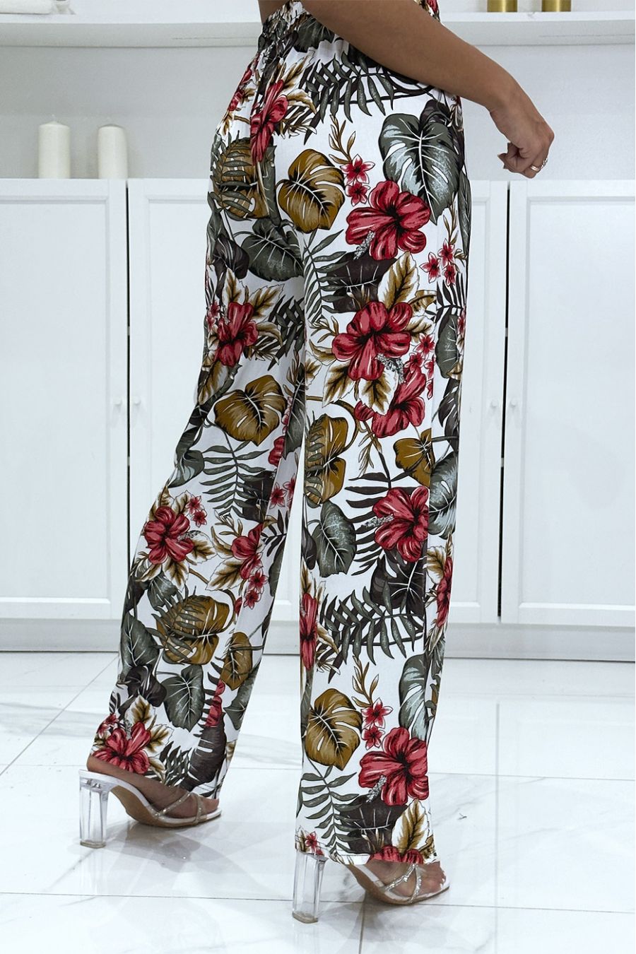 Pantalon palazzo blanc en coton motif feuilles  - 1