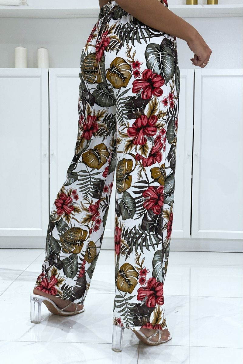 White cotton palazzo pants with leaf pattern - 1