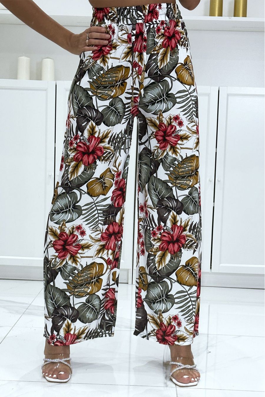 White cotton palazzo pants with leaf pattern - 2