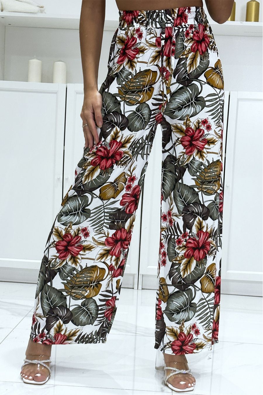 Pantalon palazzo blanc en coton motif feuilles  - 3