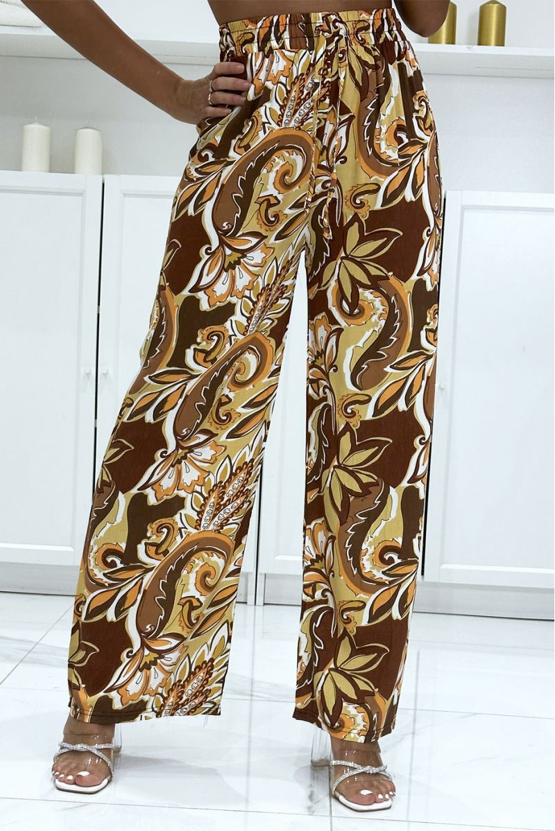 Camel cotton palazzo pants with pretty pattern - 2