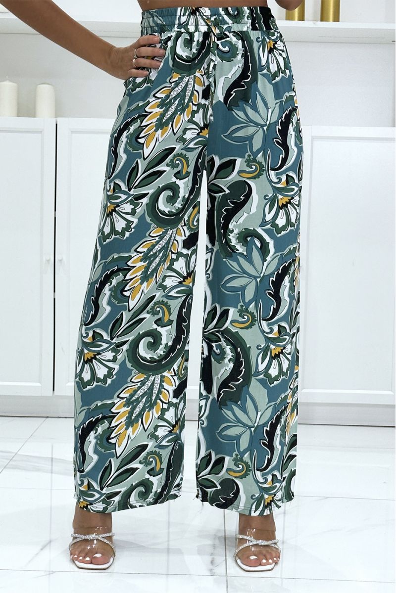 Green cotton palazzo pants with pretty pattern - 2