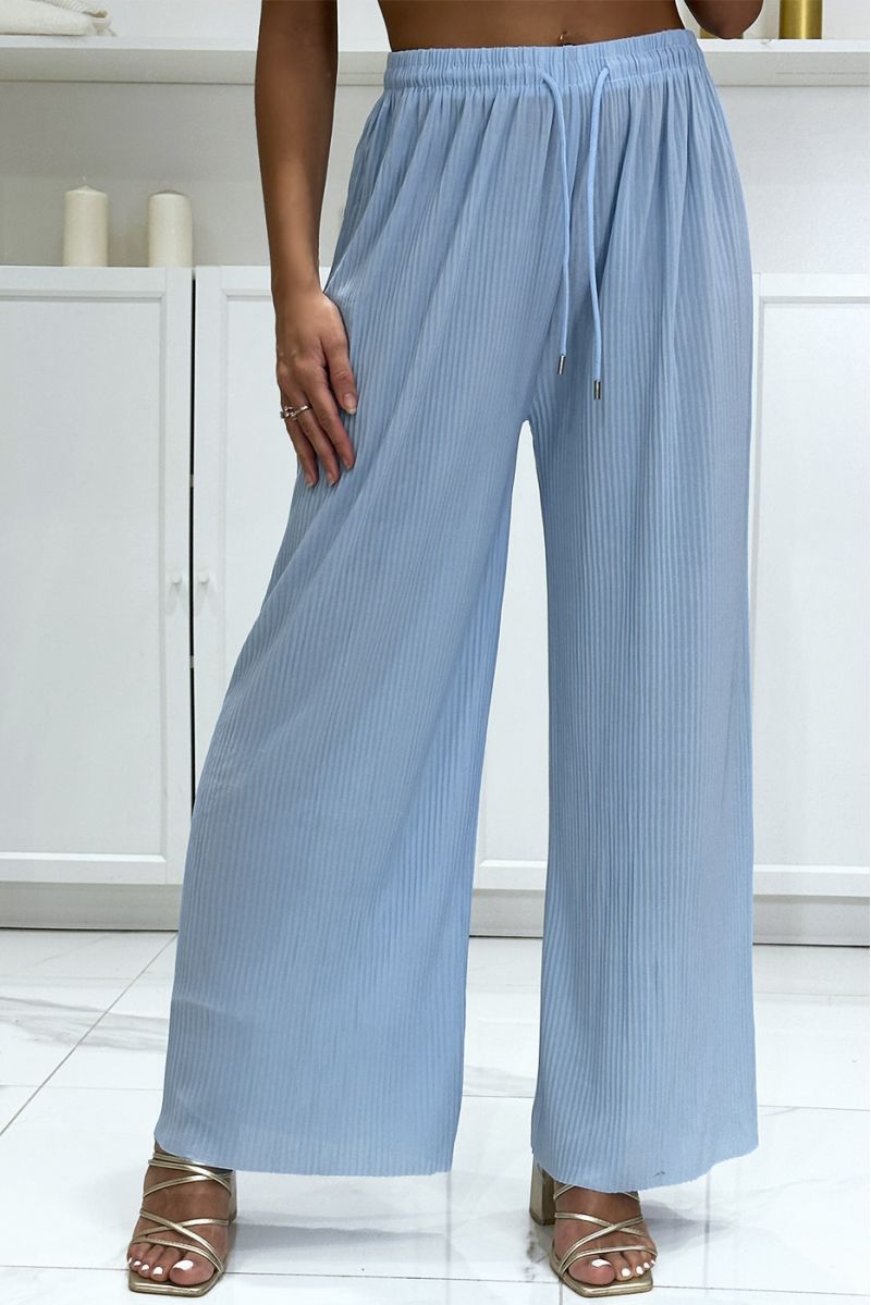 Trendy pleated turquoise palazzo pants - 3