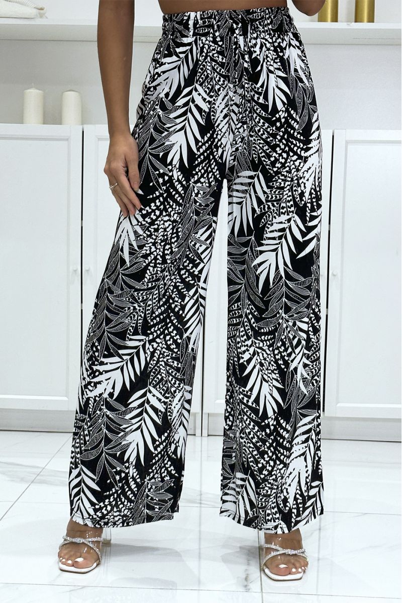 Black cotton palazzo pants with leaf pattern - 2