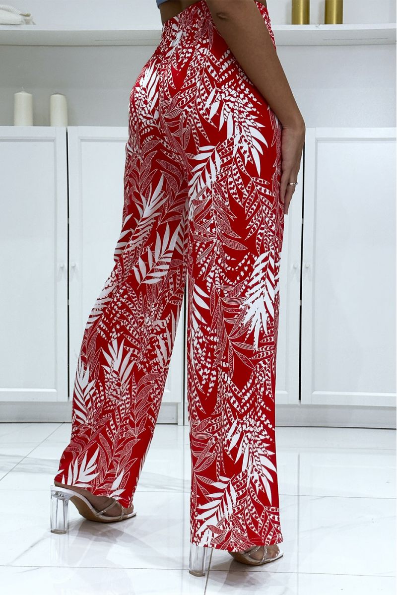 Pantalon palazzo rouge en coton motif feuilles - 1