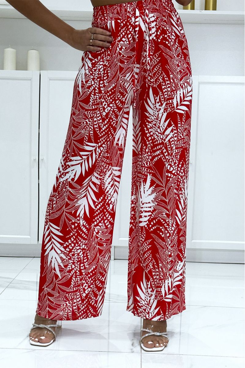 Pantalon palazzo rouge en coton motif feuilles - 2
