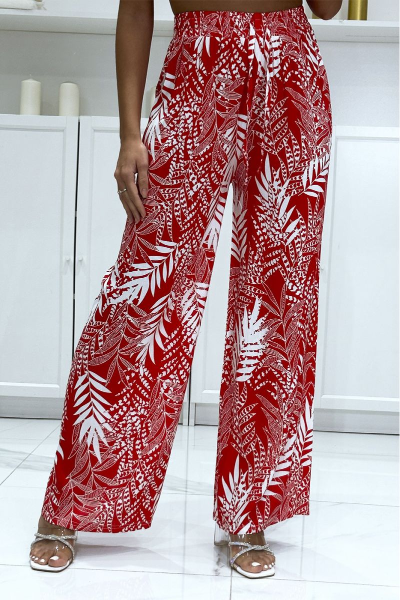 Pantalon palazzo rouge en coton motif feuilles - 3