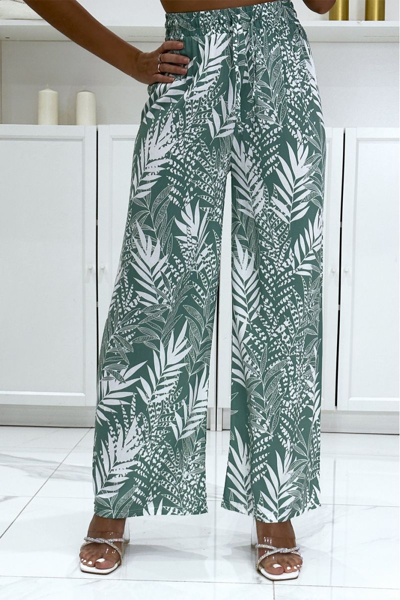 Pantalon palazzo vert en coton motif feuilles - 2