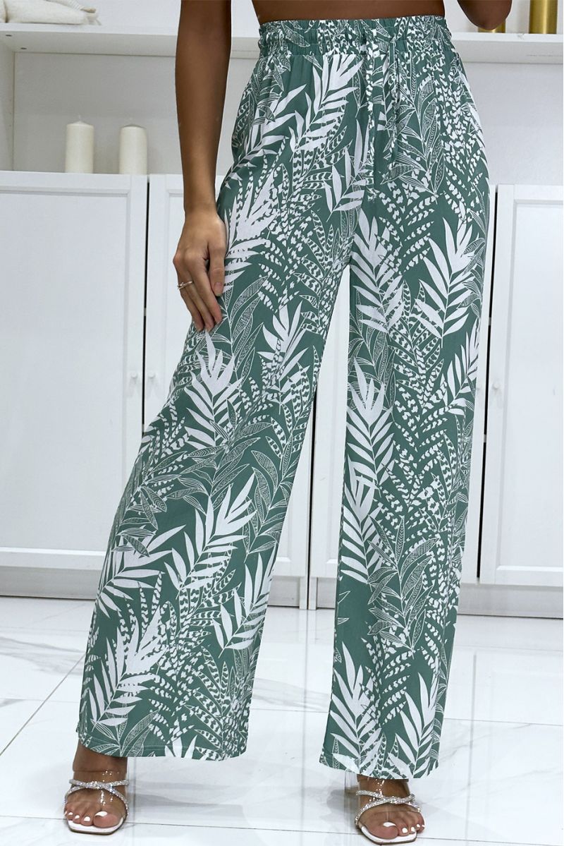 Green cotton palazzo pants with leaf pattern - 3