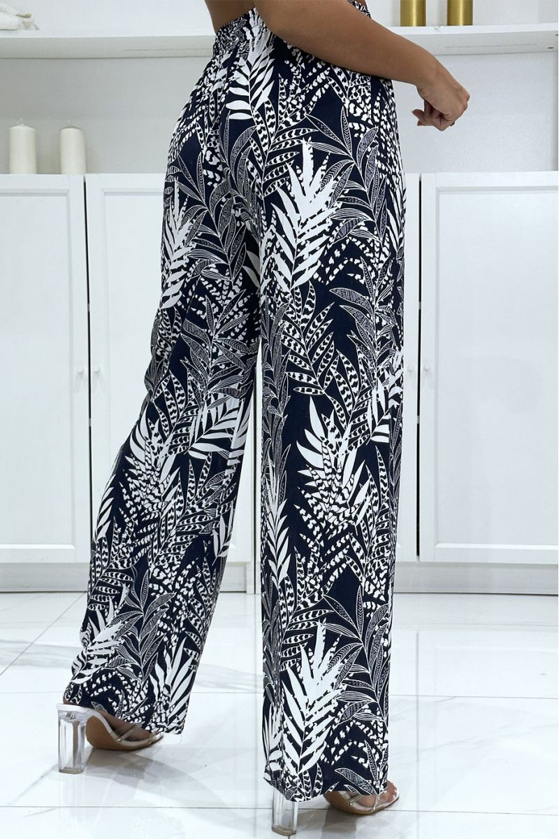 Navy cotton palazzo pants with leaf pattern - 1