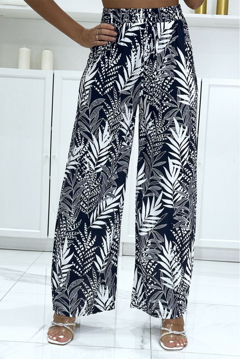 Navy cotton palazzo pants with leaf pattern - 2