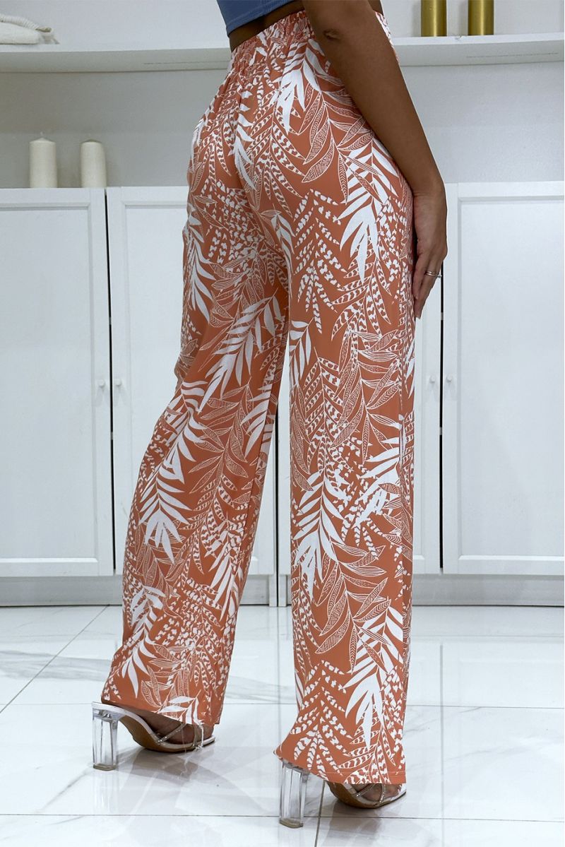 Coral cotton palazzo pants with leaf pattern - 1