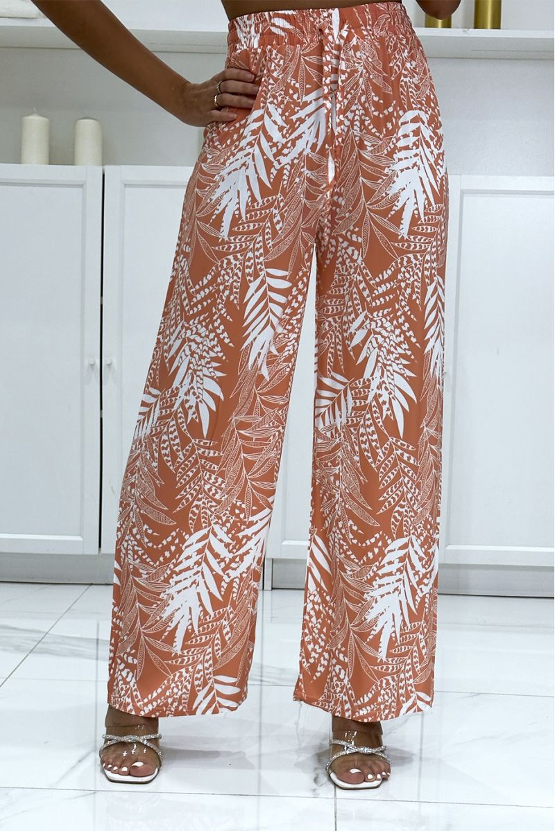 Pantalon palazzo corail en coton motif feuilles - 2