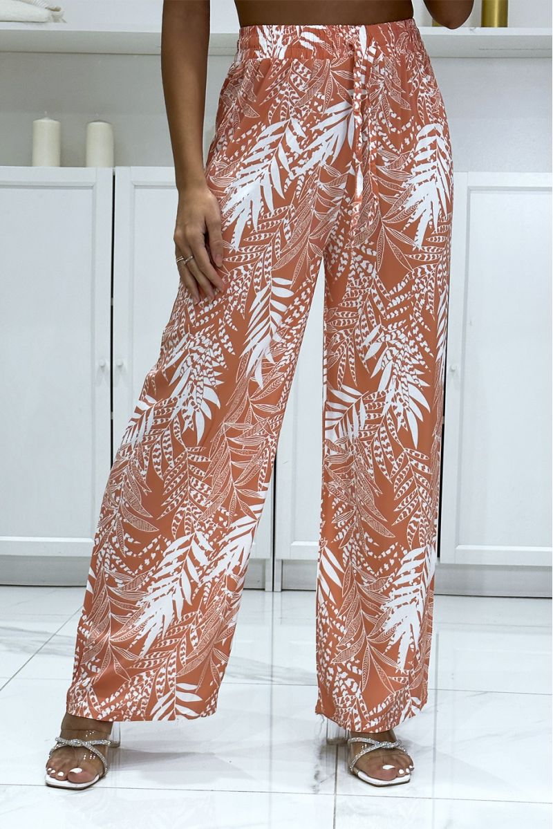 Coral cotton palazzo pants with leaf pattern - 3