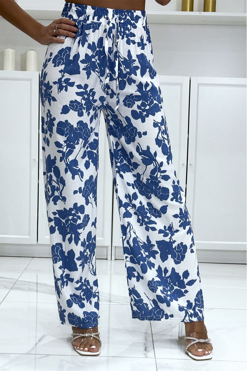 Blauw en wit gebloemde katoenen palazzo broek - 2