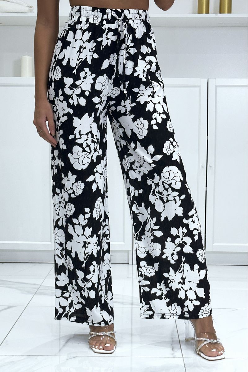 Pantalon palazzo noir et blanc en coton motif fleuris - 2