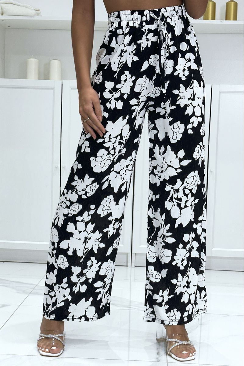 Pantalon palazzo noir et blanc en coton motif fleuris - 3