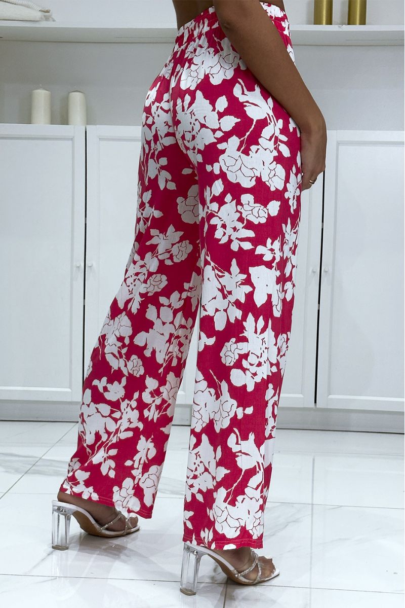 Pantalon palazzo fuchsia et blanc en coton motif fleuris - 1