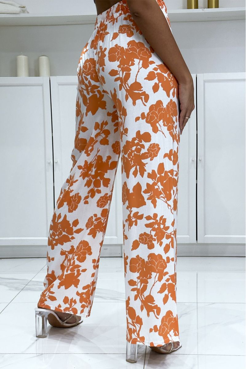 Pantalon palazzo orange et blanc en coton motif fleuris - 1