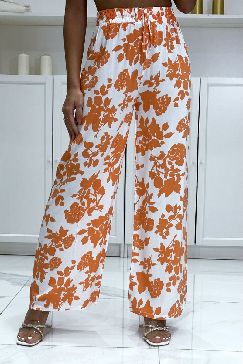 Pantalon palazzo orange et blanc en coton motif fleuris - 3