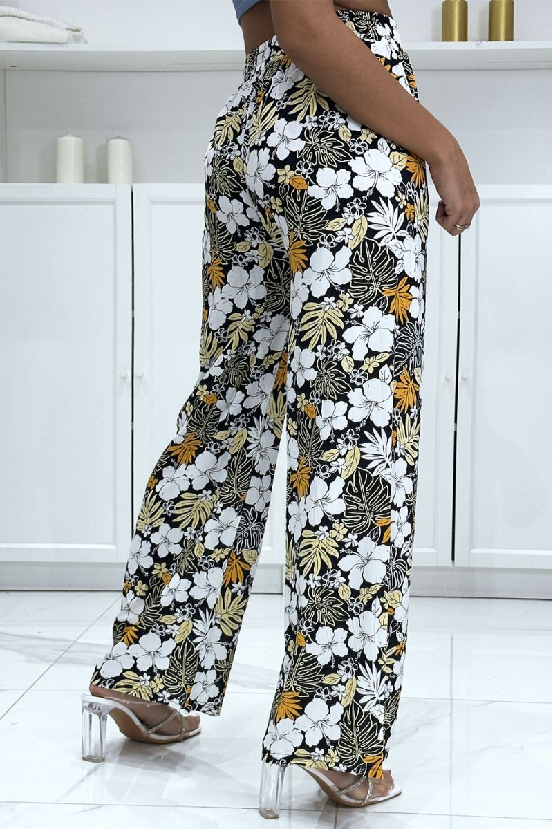 Pantalon palazzo noir motif fleurs et feuilles  - 1