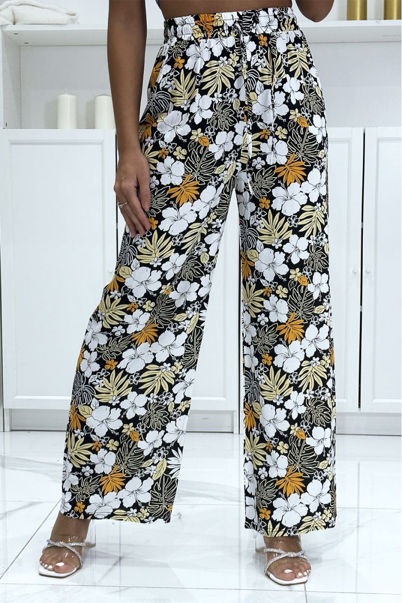 Pantalon palazzo noir motif fleurs et feuilles  - 3