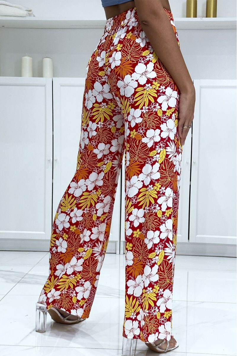 Red floral and leaf pattern palazzo trousers - 1