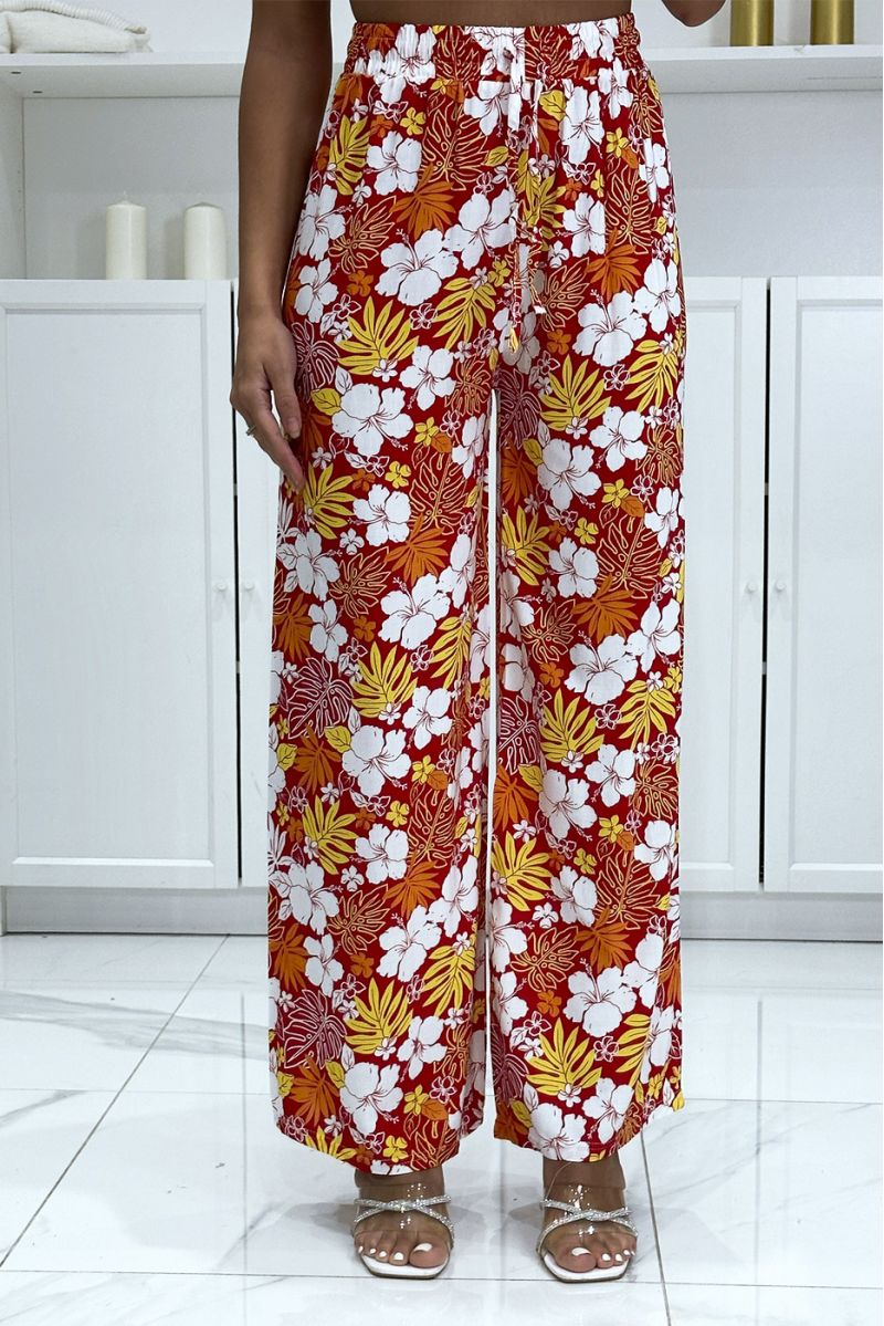 Red floral and leaf pattern palazzo trousers - 2