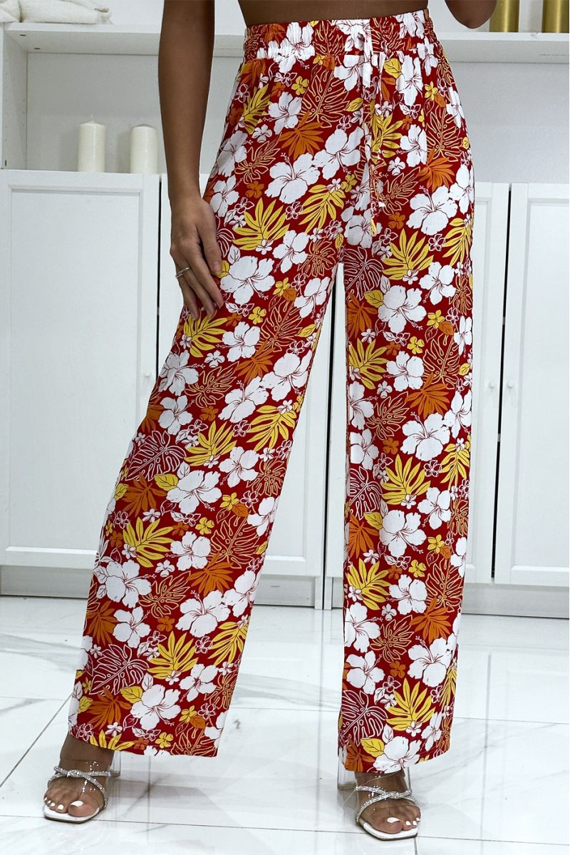 Red floral and leaf pattern palazzo trousers - 3